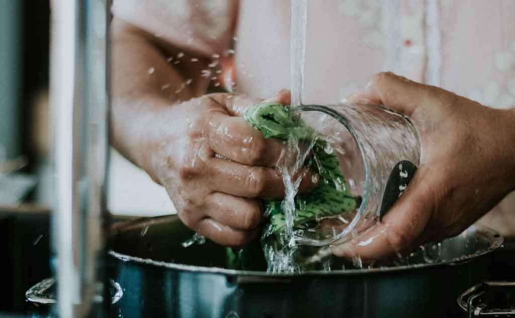 Washing dishes off immediately in the sick prevents from having to run the dishwasher long. Also, keeps from having to run the kitchen sink longer as you are trying to scrub off gunk that is stuck on the dishes.